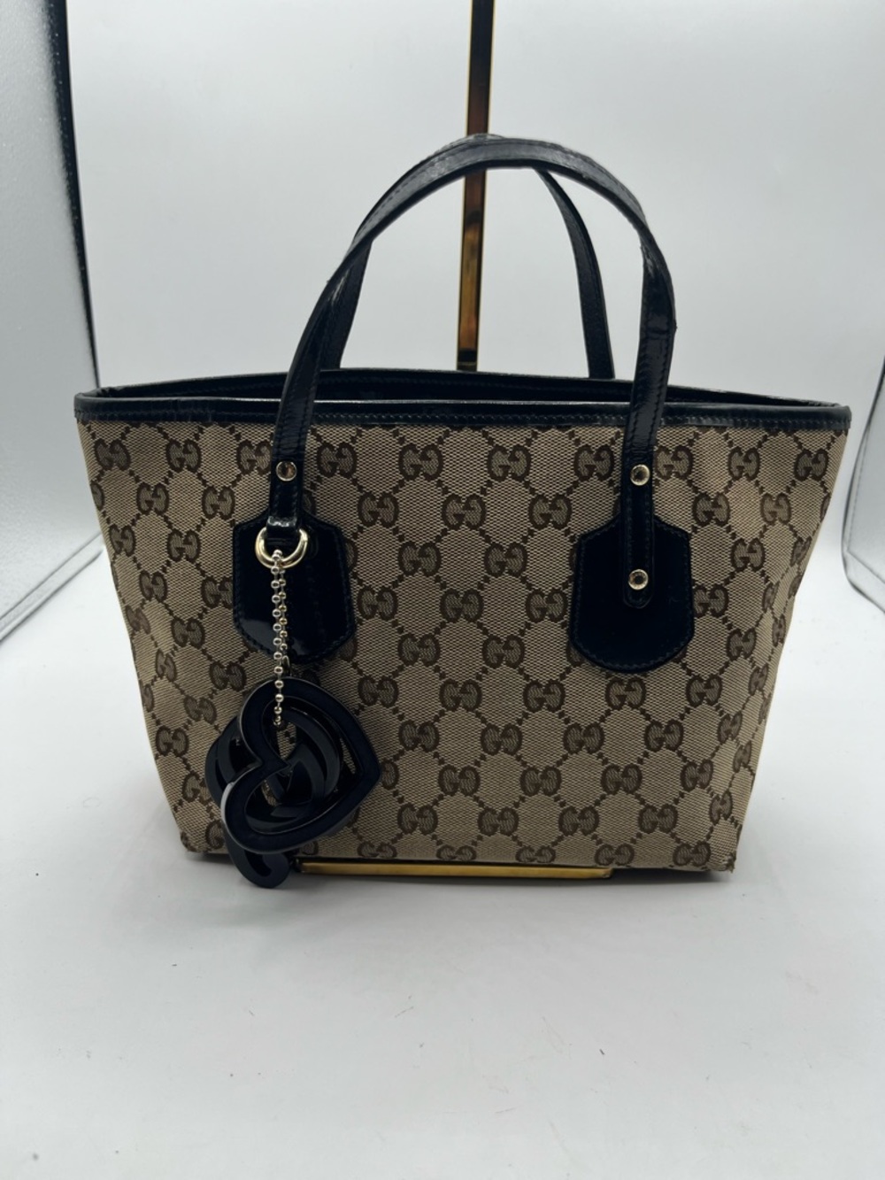 Gucci Brown GG Canvas Tote with Black Leather Trim
